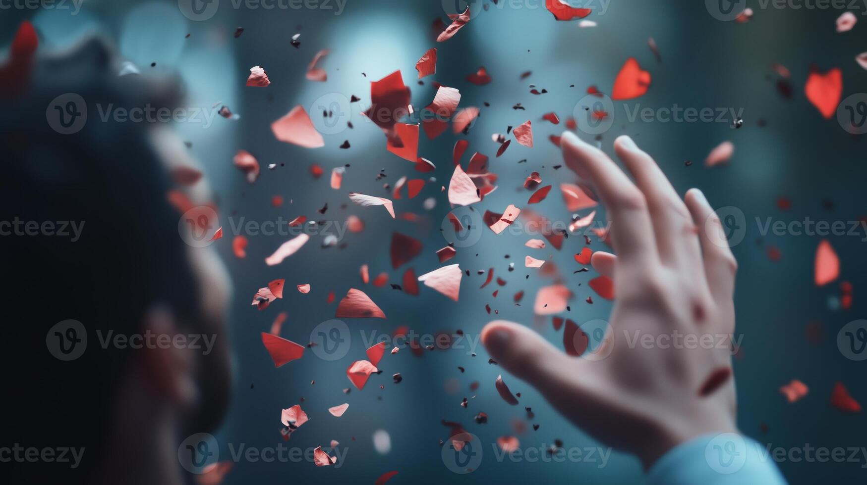 A man reaches out as fragments of red hearts float around him in a serene outdoor setting during twilight photo