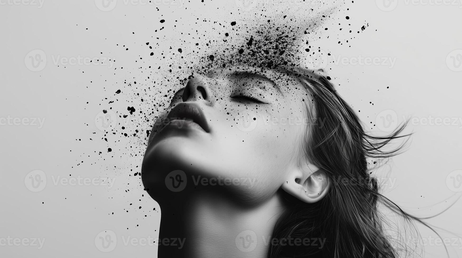 A woman with flowing hair experiencing an explosion of dark particles around her head in an artistic expression of emotion photo
