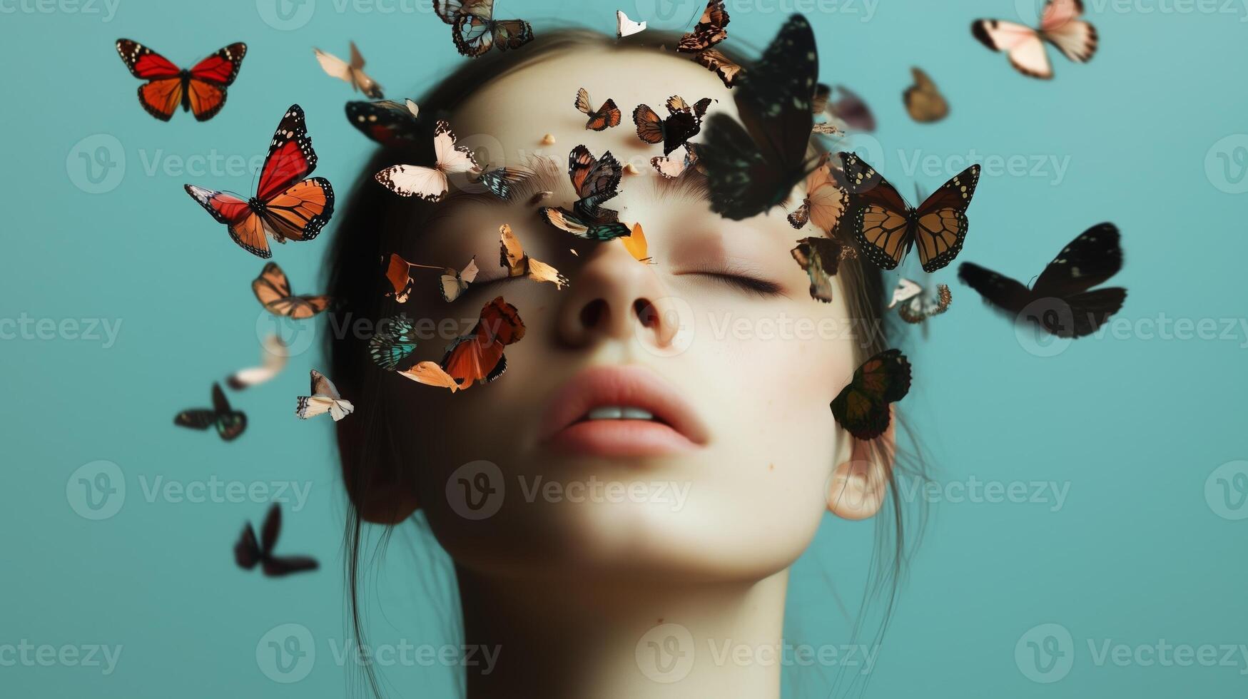 A woman surrounded by colorful butterflies against a blue background, evoking a sense of freedom and tranquility in a serene moment photo