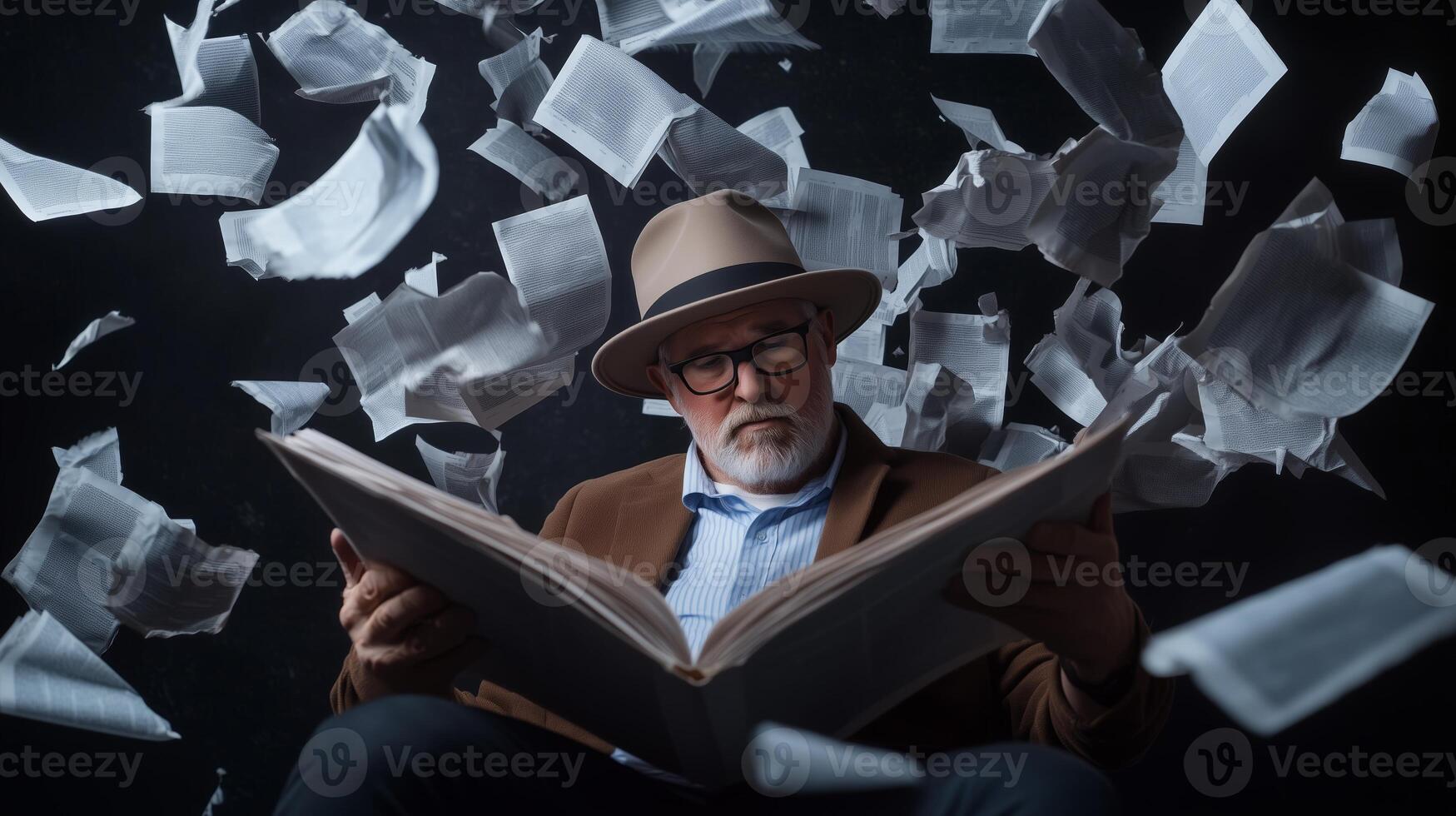 An elderly man in a hat immersed in a book as pages swirl around him in a dark, dramatic setting photo