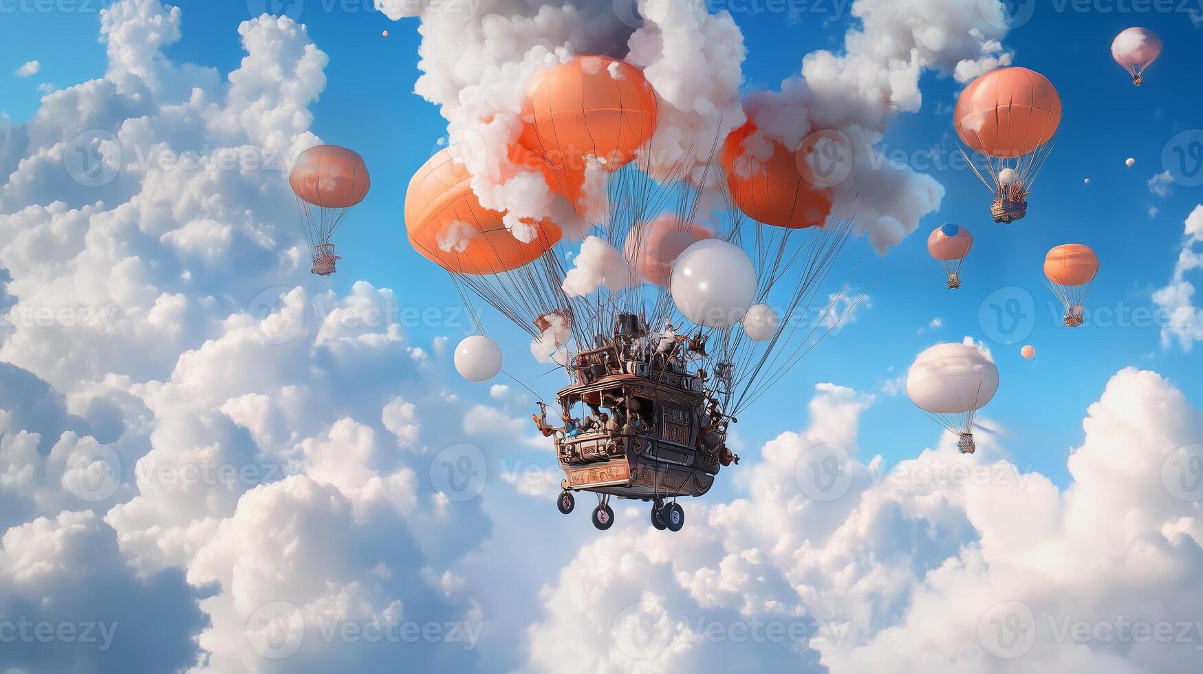 Colorful hot air balloons lift a whimsical airship across a bright blue sky filled with fluffy clouds on a sunny day photo