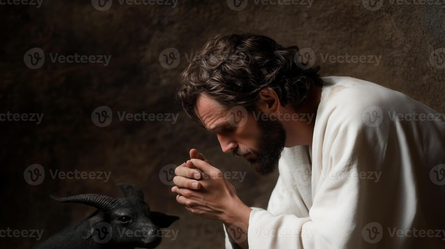 A solemn moment of reflection between a man and a goat in a dimly lit space photo