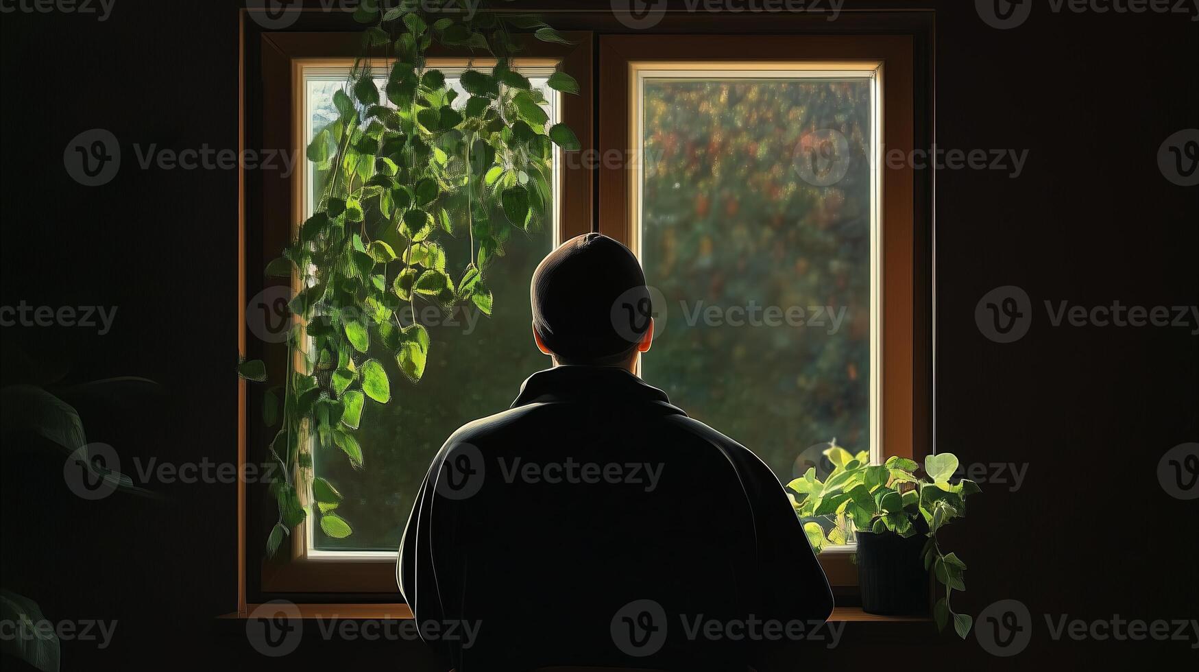 A person gazes contemplatively out a window surrounded by greenery in a serene indoor setting during the golden hour photo