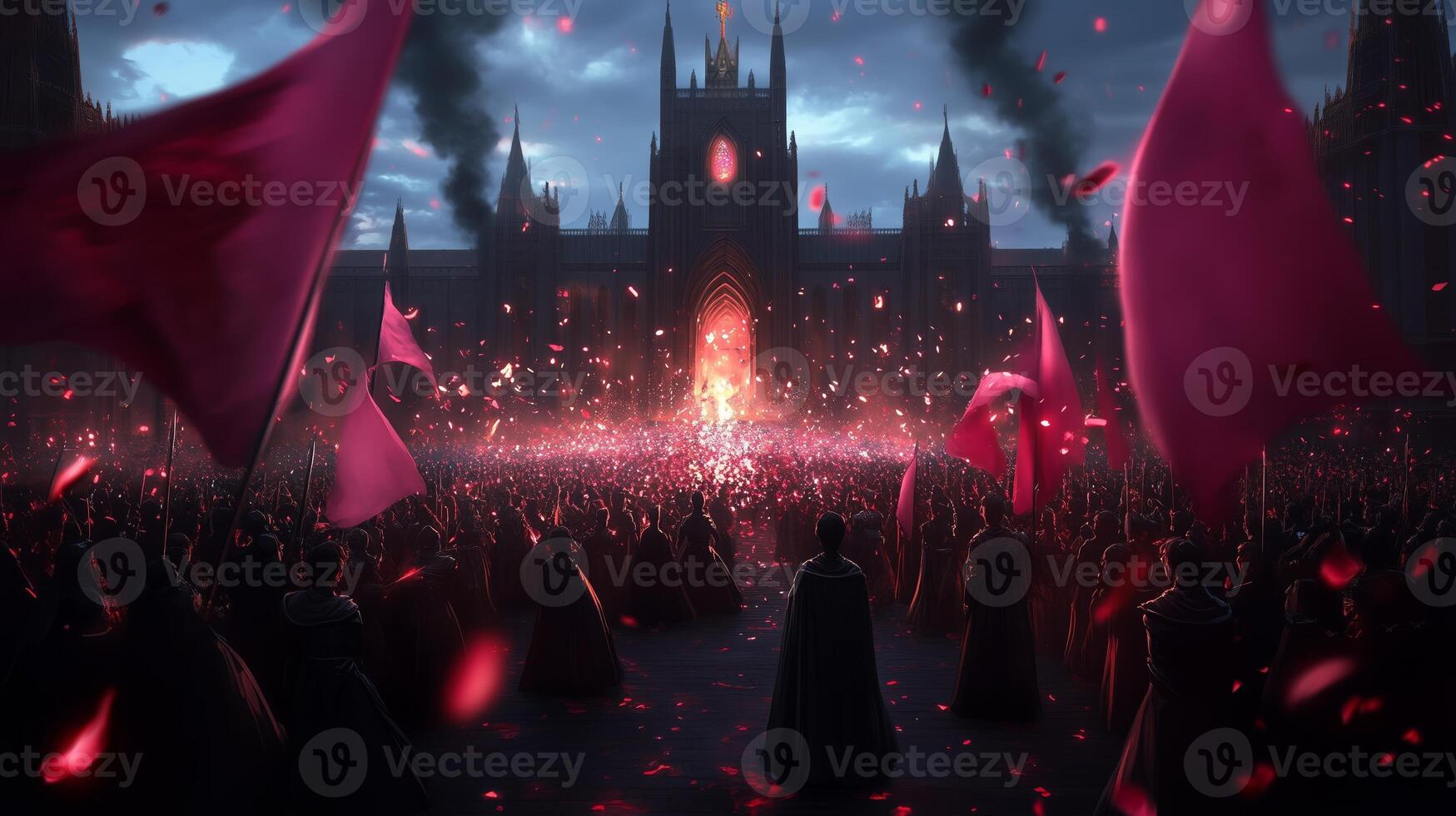 A vibrant gathering of a crowd with pink flags celebrating amidst smoke and sparks at sunset in a historic plaza photo