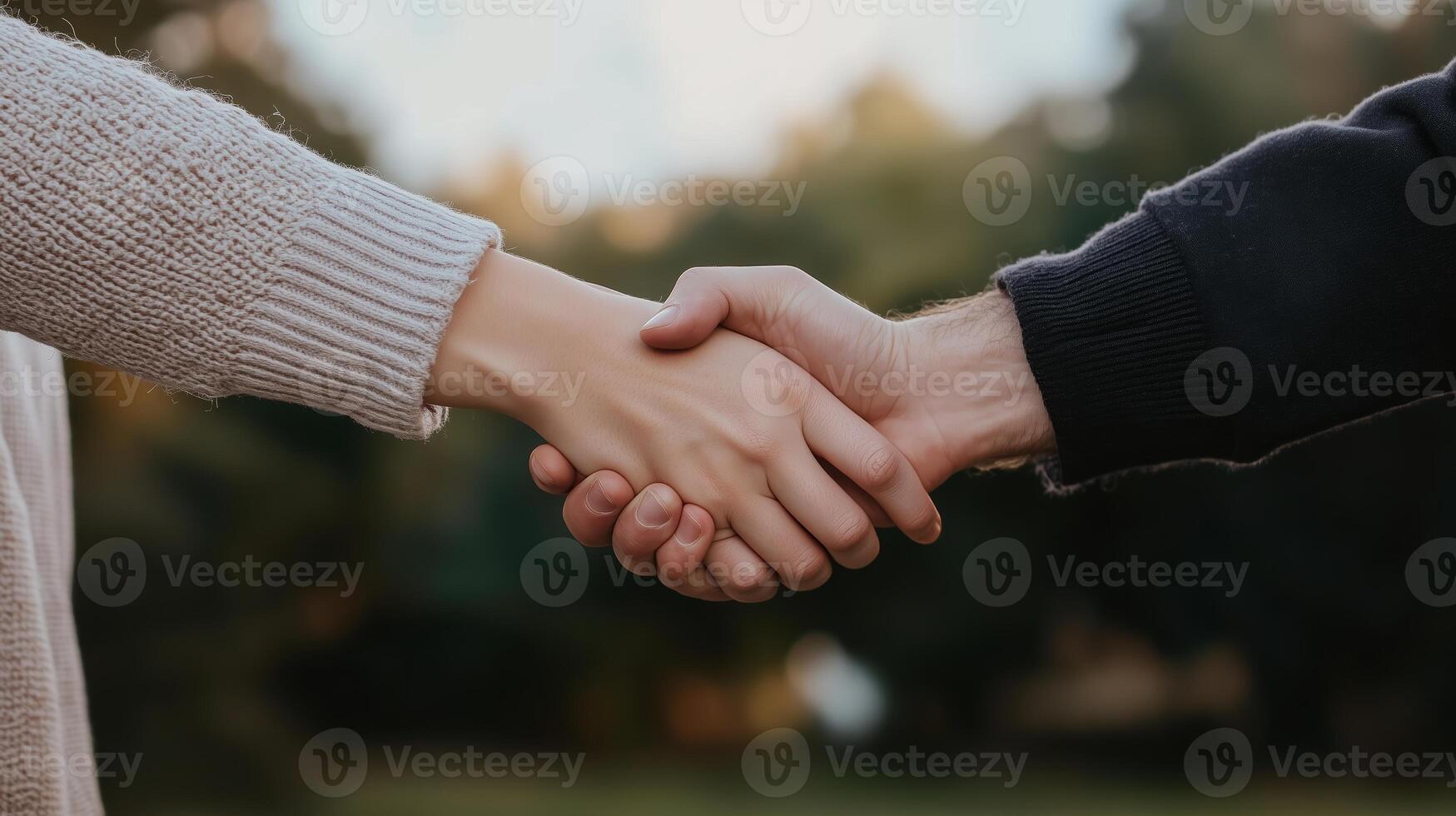 Two people shake hands in a friendly gesture during a sunny afternoon in a park with green trees in the background photo