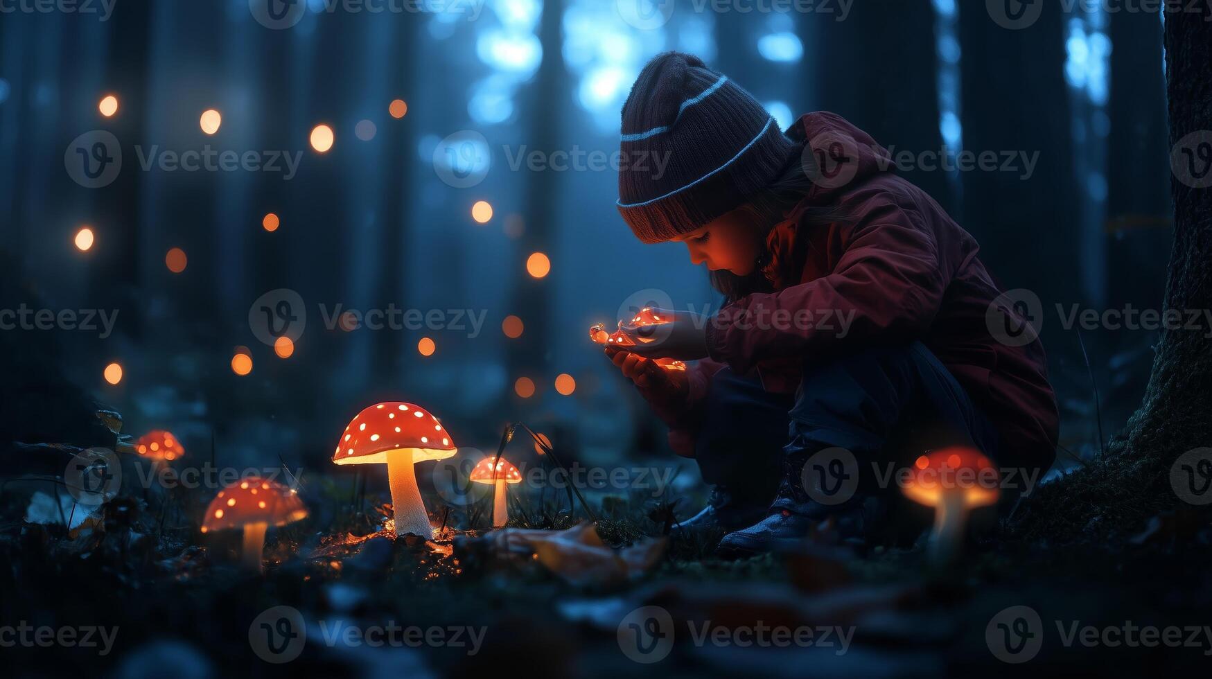 A child explores glowing mushrooms in a mystical forest at twilight, captivated by the enchanting surroundings and soft light photo
