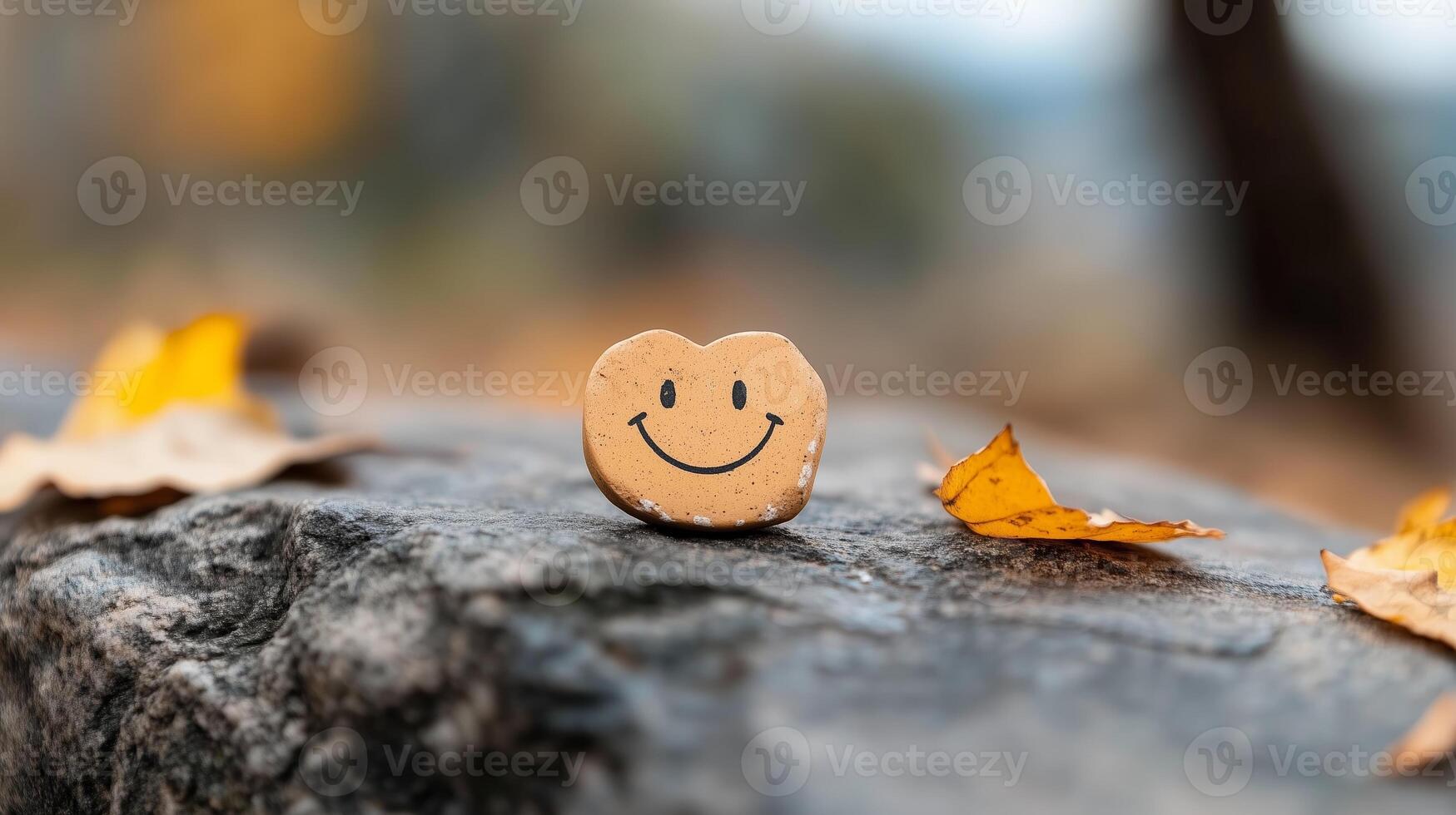 A cheerful stone with a smiley face rests on a rock amidst fallen autumn leaves in a serene outdoor setting photo