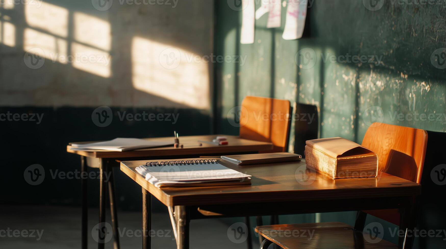 Empty classroom with wooden desks and sunlight filtering through the windows, creating a warm and inviting study atmosphere photo