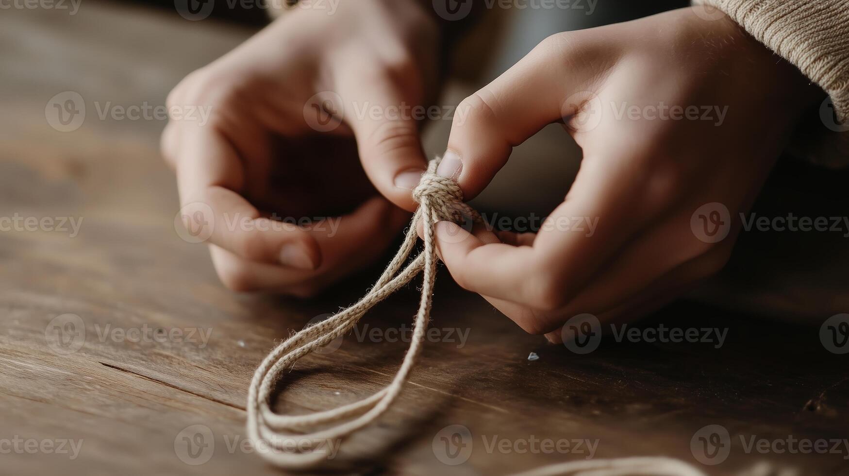 Hands knotting twine on a rustic wooden table, showcasing craftsmanship and attention to detail in a cozy indoor setting photo