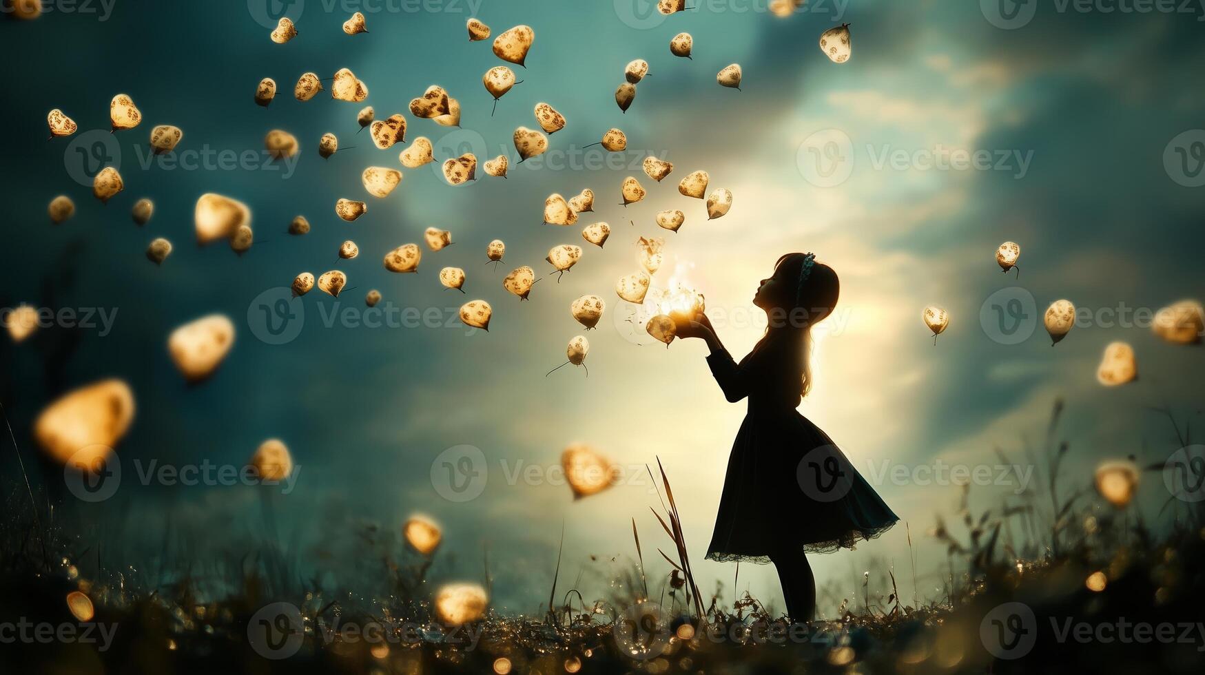 A girl in a black dress playfully catches floating golden orbs at dusk in a serene field photo
