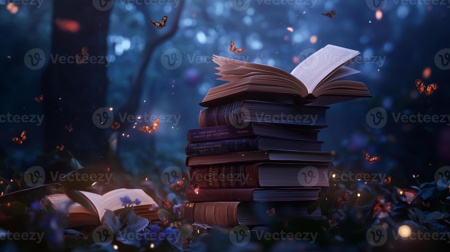 A mystical forest setting with an open book surrounded by butterflies and stacked literature at twilight photo