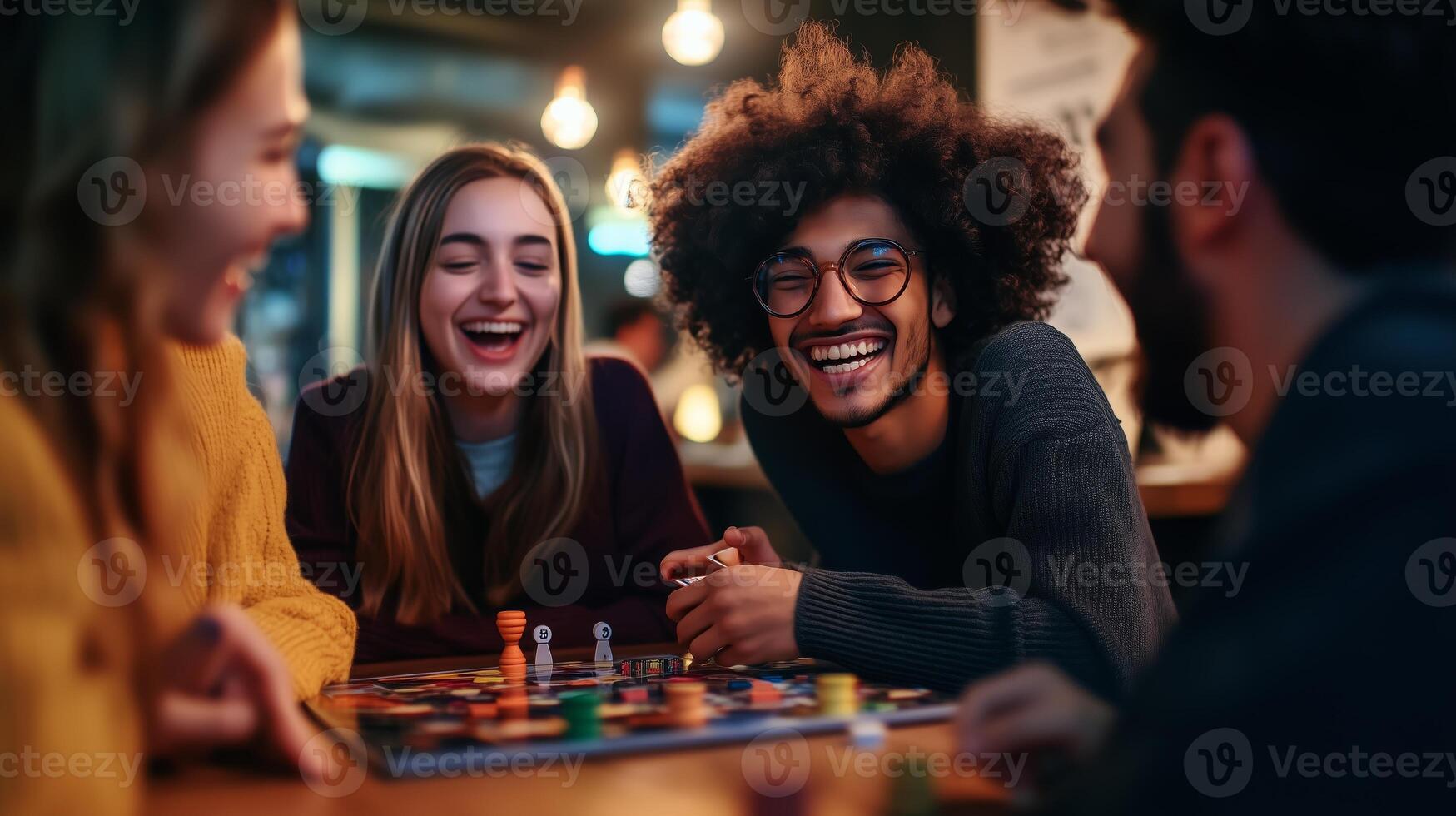 Friends enjoying a lively board game night at a cafe, sharing laughs and good times during a cozy evening photo