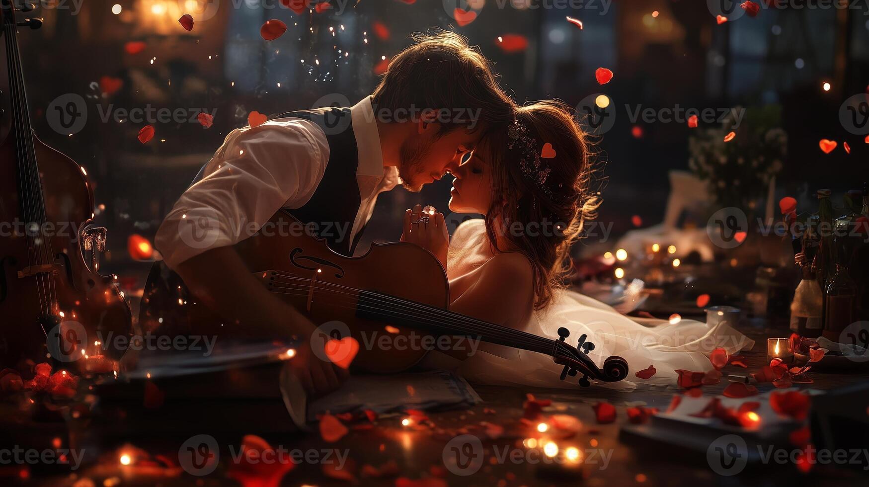 A romantic moment shared between a couple surrounded by rose petals and warm candlelight in an intimate setting at night photo
