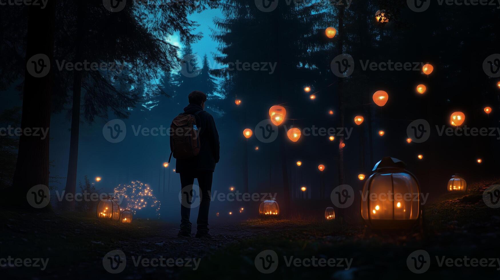 A lone figure explores a magical forest illuminated by glowing lanterns during twilight in an enchanting autumn setting photo
