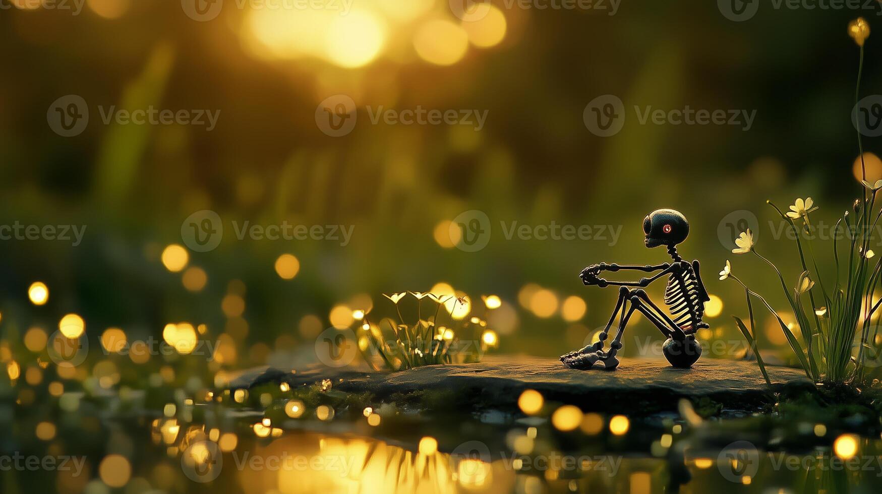 A small skeleton sits by a serene pond surrounded by glowing flowers under the warm light of sunset photo