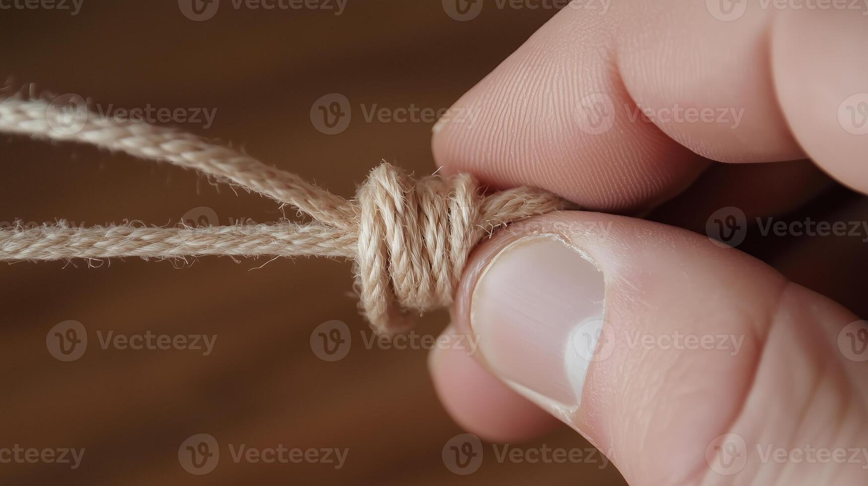 Demonstrating a close-up view of hands tying a knot with natural twine on a wooden surface in a home crafting setting photo