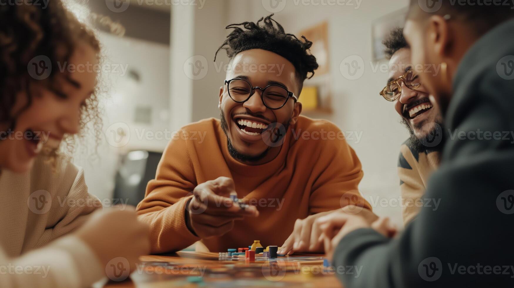 Friends enjoying a lively board game night in a cozy indoor setting during the weekend photo