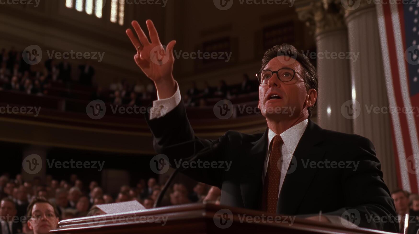 A passionate speaker addresses a captivated audience in a grand legislative chamber with historical architecture and flags photo