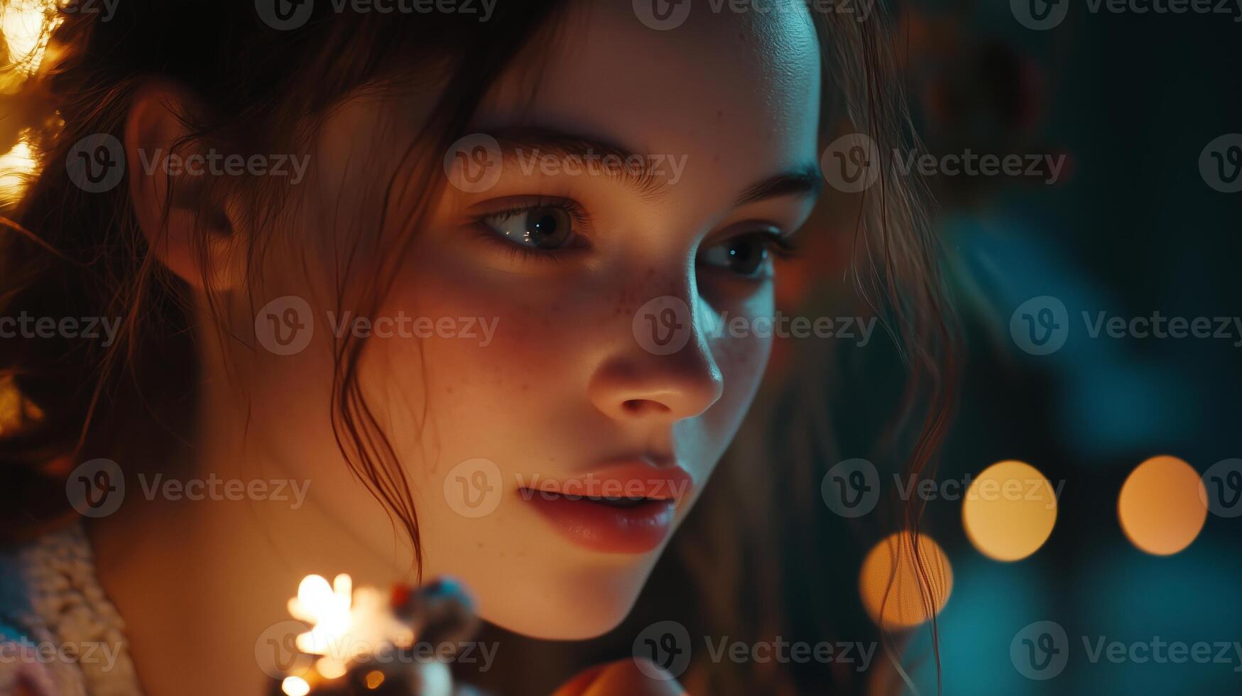 Young girl gazes intently while holding a sparkler adorned with lights during a festive evening celebration photo
