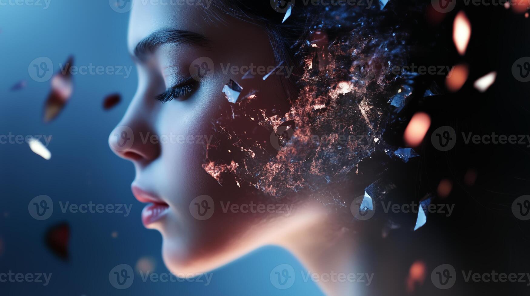 A young girl gazes thoughtfully as fragments of her thoughts dissipate into the air during a creative artistic portrayal photo