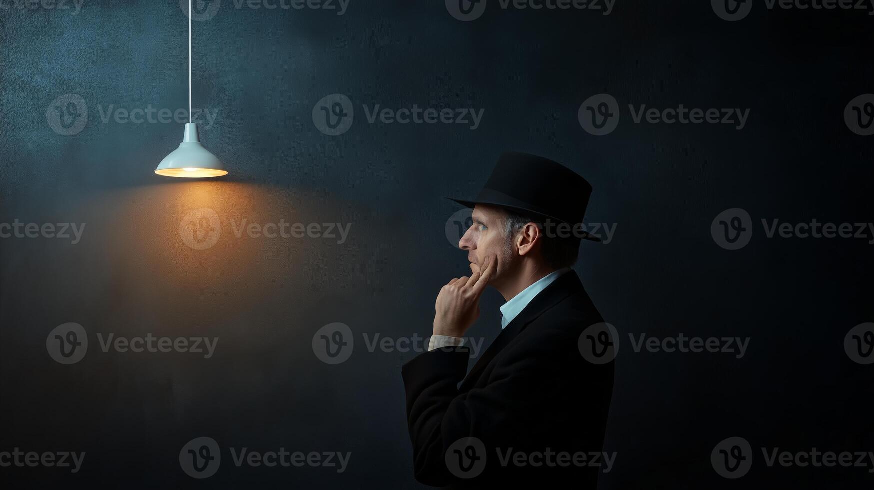 A thoughtful man in a hat contemplates under a single light bulb in a dark room during an evening setting photo