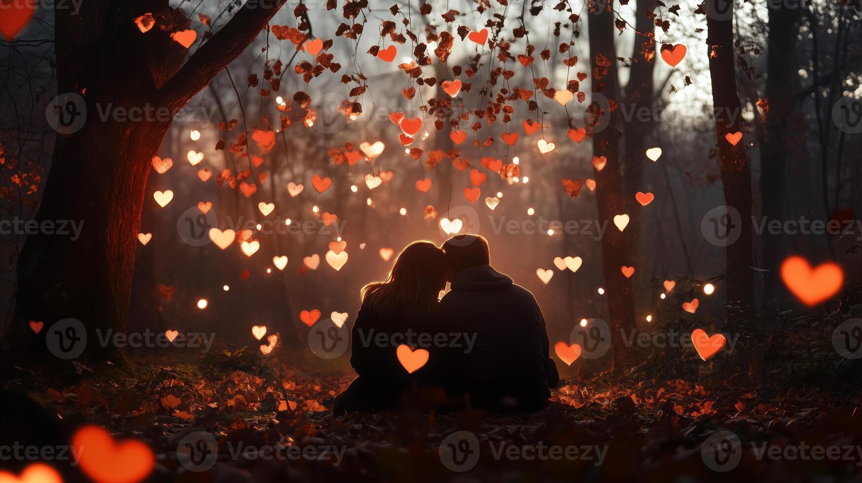 A couple sharing a romantic moment under falling heart-shaped leaves in a serene forest at twilight photo