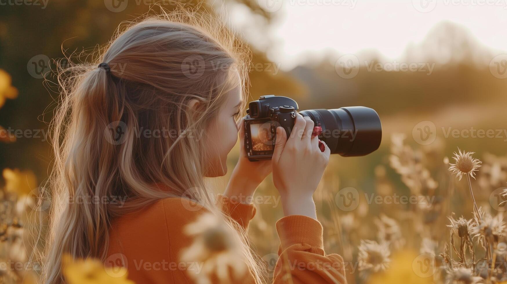 A young woman captures the beauty of a golden sunset while photographing flowers in a vibrant field during autumn photo