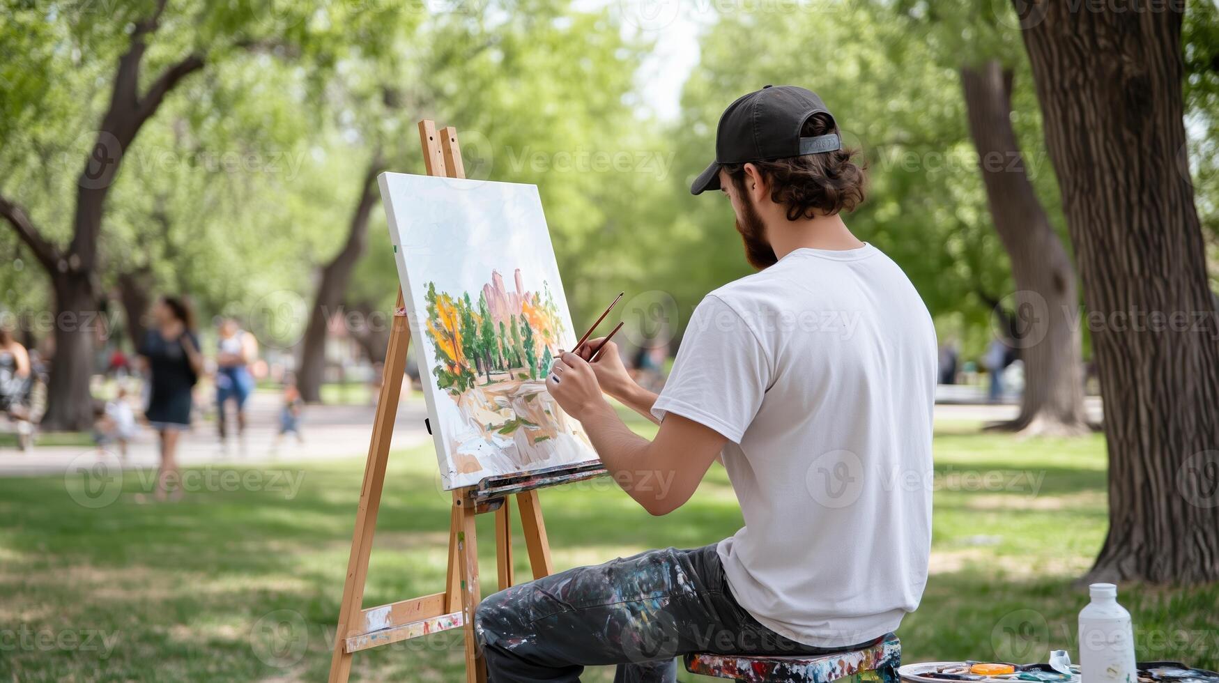 Artist painting a vibrant landscape in a park during a sunny day with people enjoying their time in the background photo