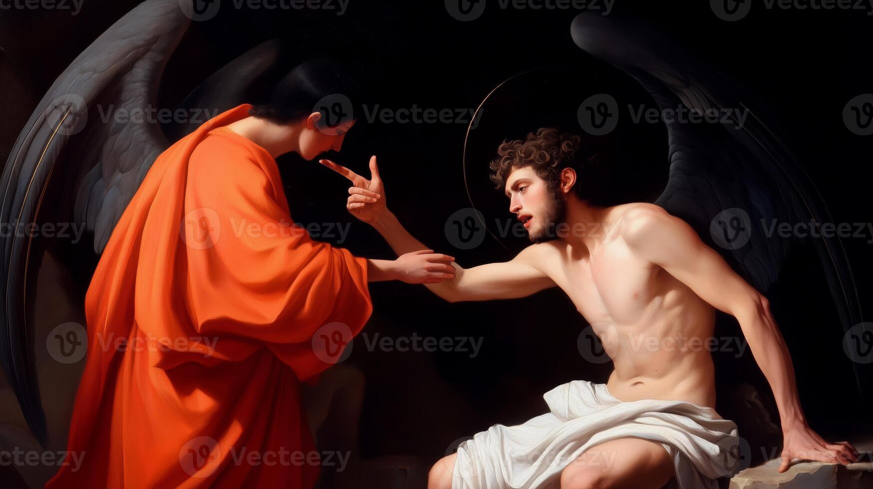 A serene moment between a celestial being and a human, captured in warm lighting with a focus on connection and divine interaction photo