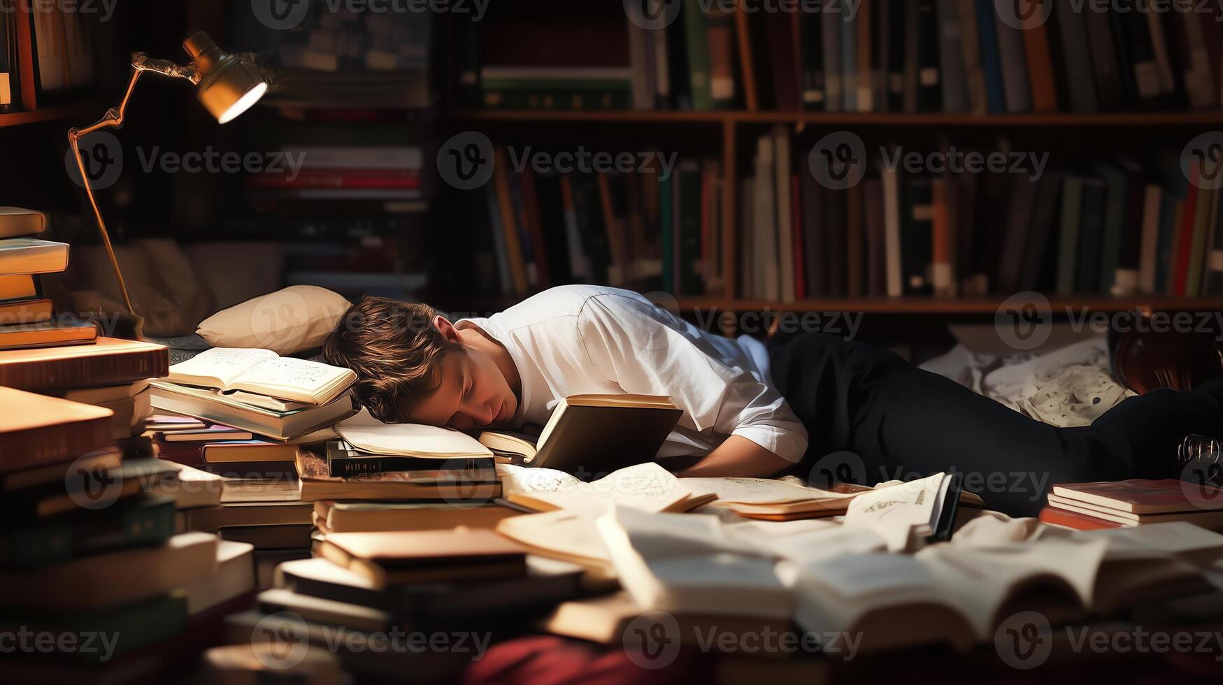 A young man sprawled on books in a cozy library corner, absorbed in reading during the late evening photo