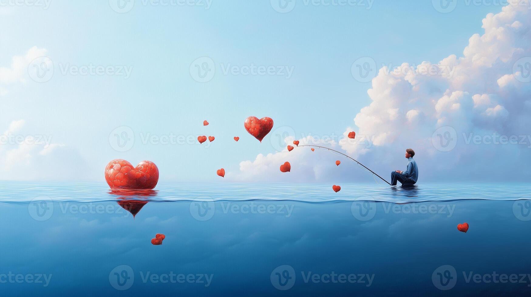 A serene fisherman casts his line into calm waters filled with floating hearts during a peaceful dawn photo