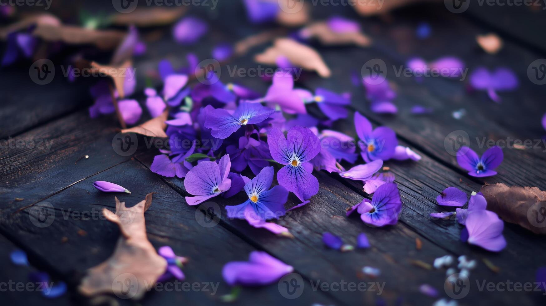 Vibrant violet petals scattered on a rustic wooden surface during springtime, creating a beautiful natural display photo