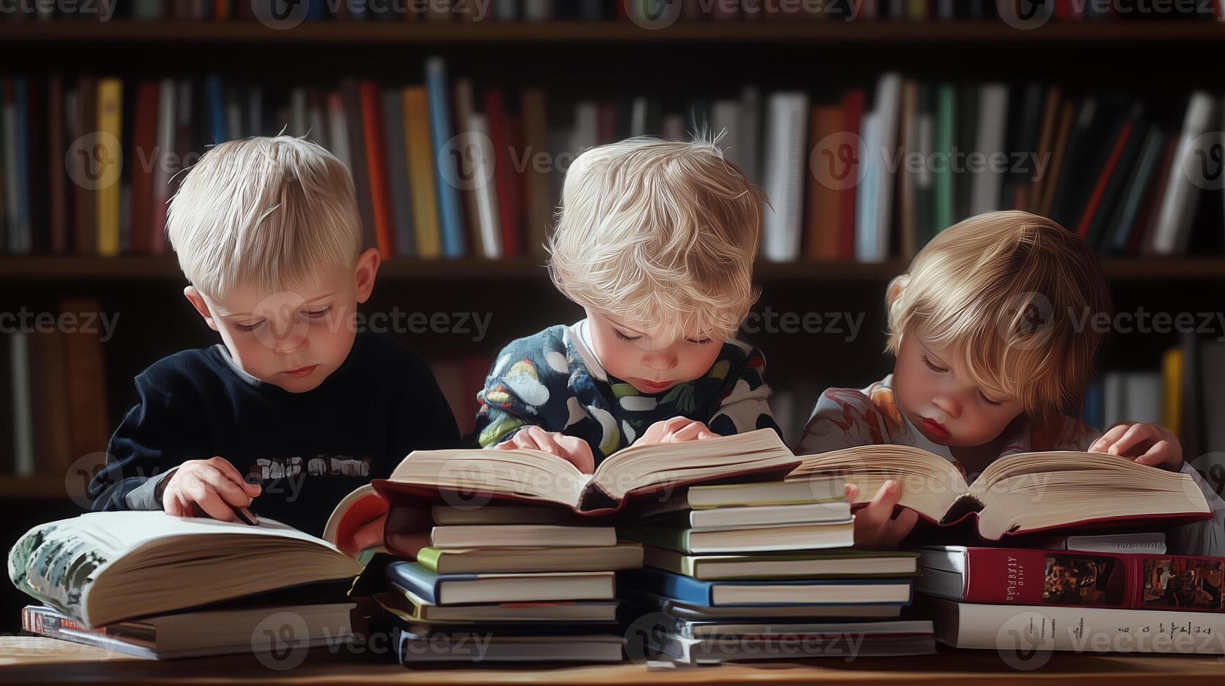 Three young children deeply engaged in reading books while sitting at a table surrounded by stacks of literature in a cozy library photo