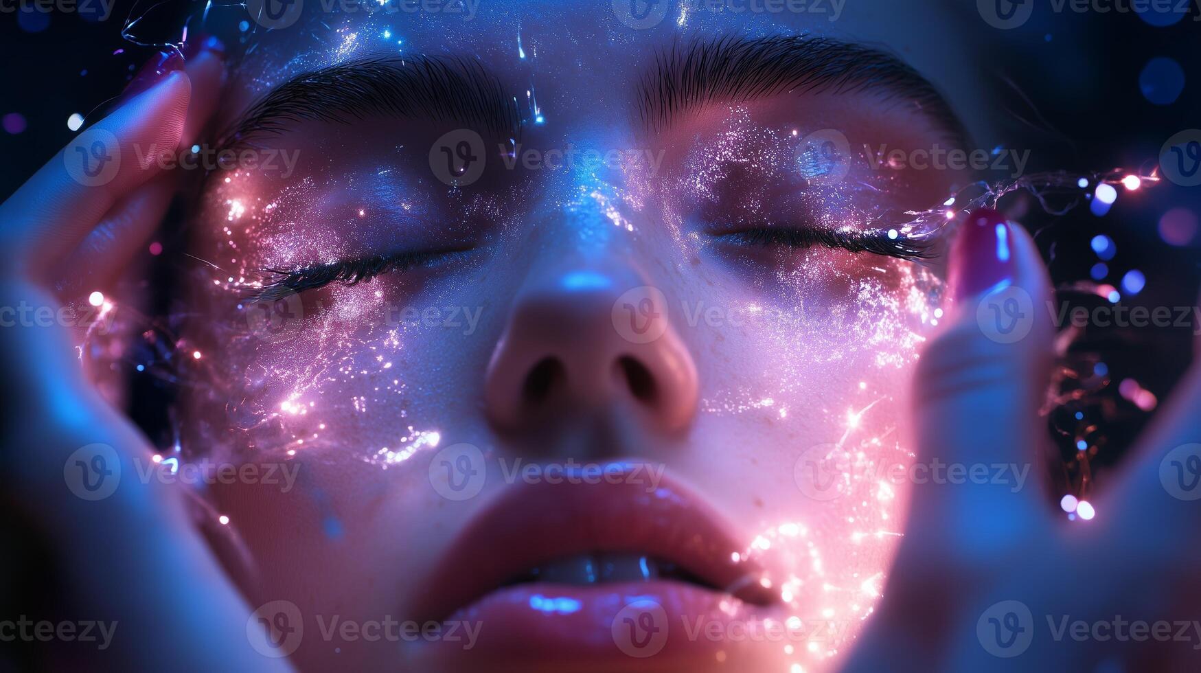 A close-up view of a woman with sparkling light effects around her face, capturing a moment of tranquility and beauty photo
