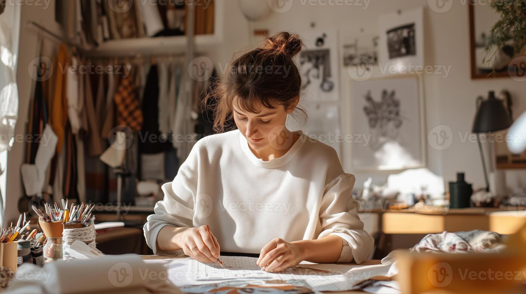 Creative woman sketching designs in a cozy studio filled with art materials during daylight hours photo