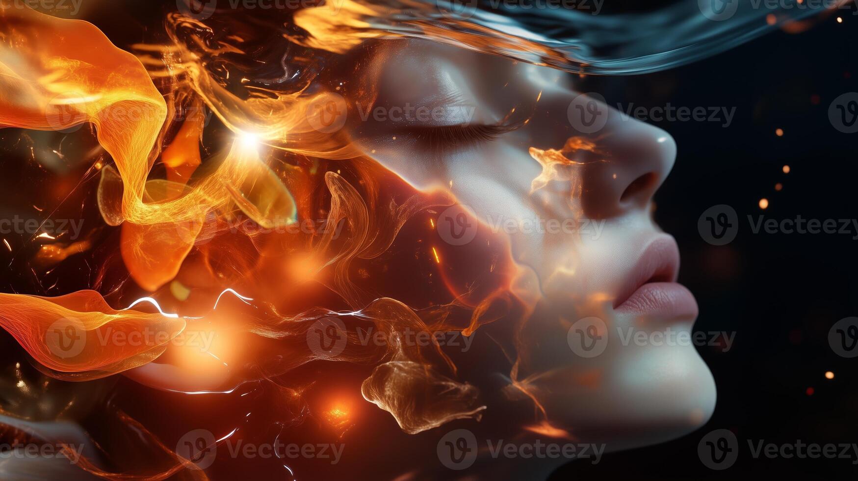 A serene woman immersed in ethereal flames and smoke representing dreamlike states in a dark environment photo