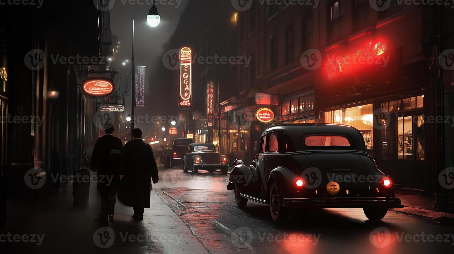 People walking through a dimly lit street with vintage cars and neon signs at night in a bustling city photo