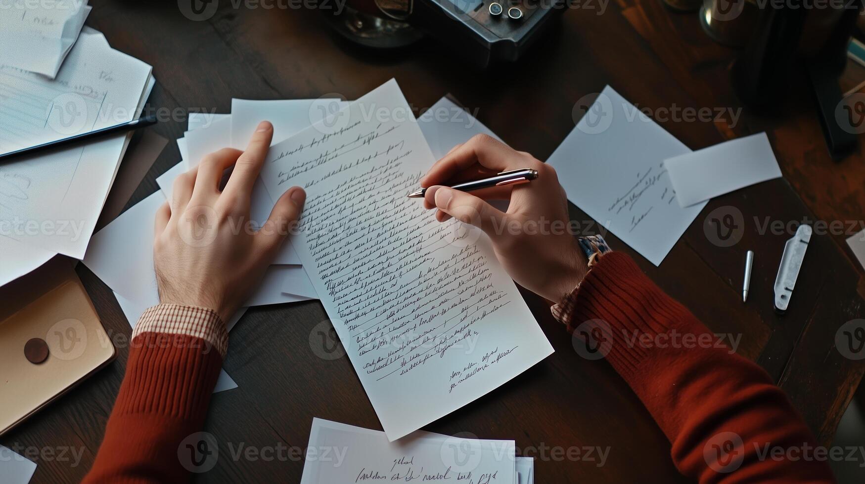 A person writes a heartfelt letter at a wooden desk surrounded by scattered papers and writing tools in a cozy indoor setting during daylight photo