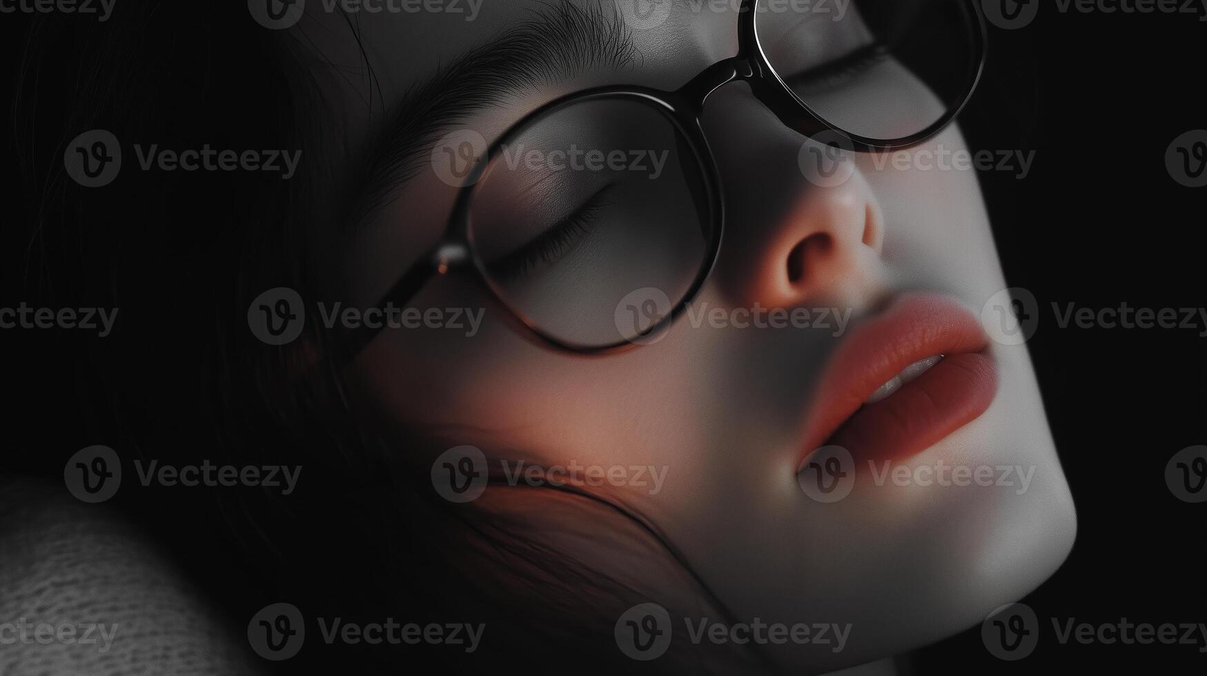 A close-up view of a woman with glasses resting peacefully in soft lighting during the evening photo