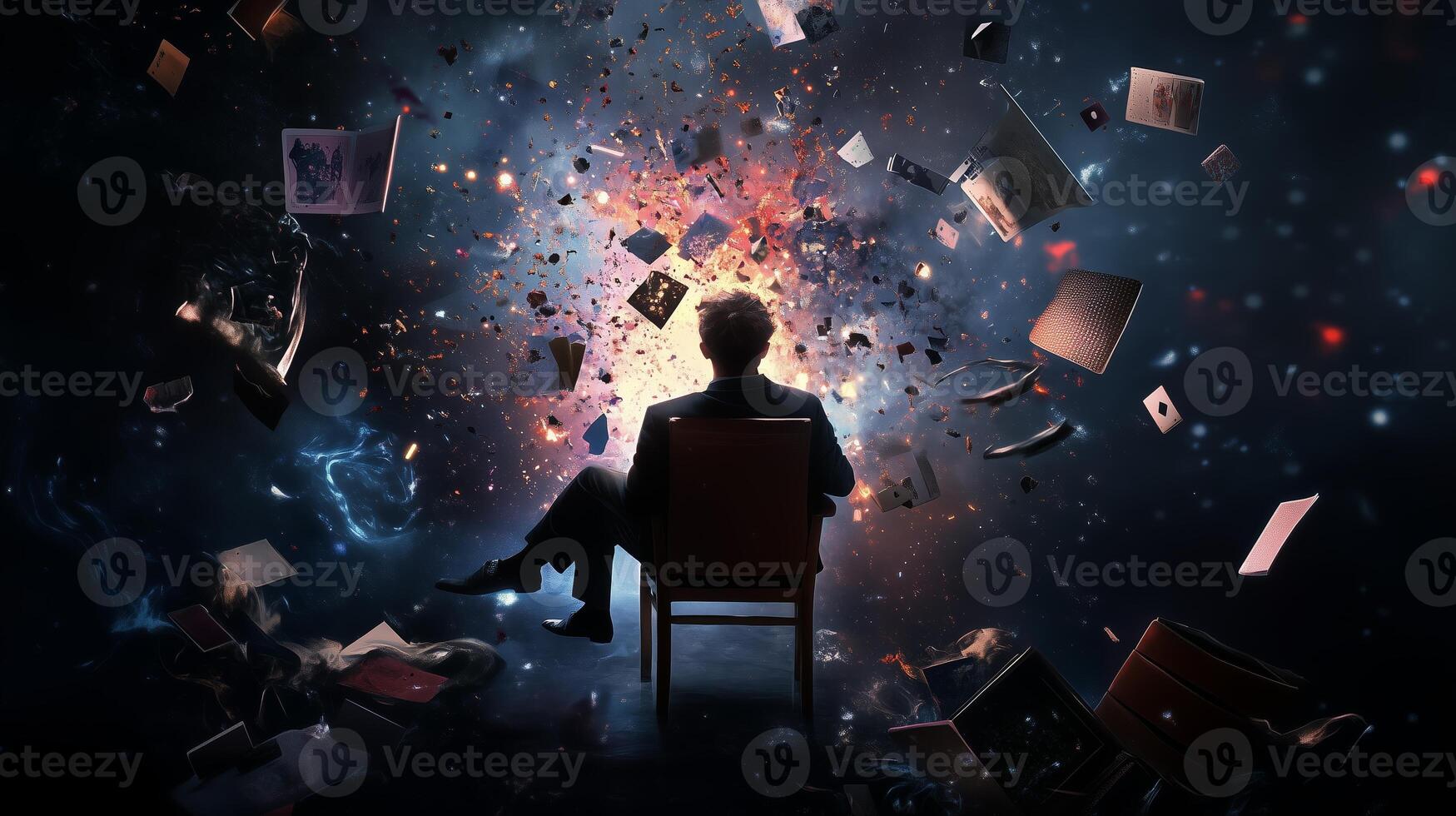 A person sits in a chair surrounded by floating books and cosmic elements, lost in contemplation amid a chaotic explosion of creativity photo