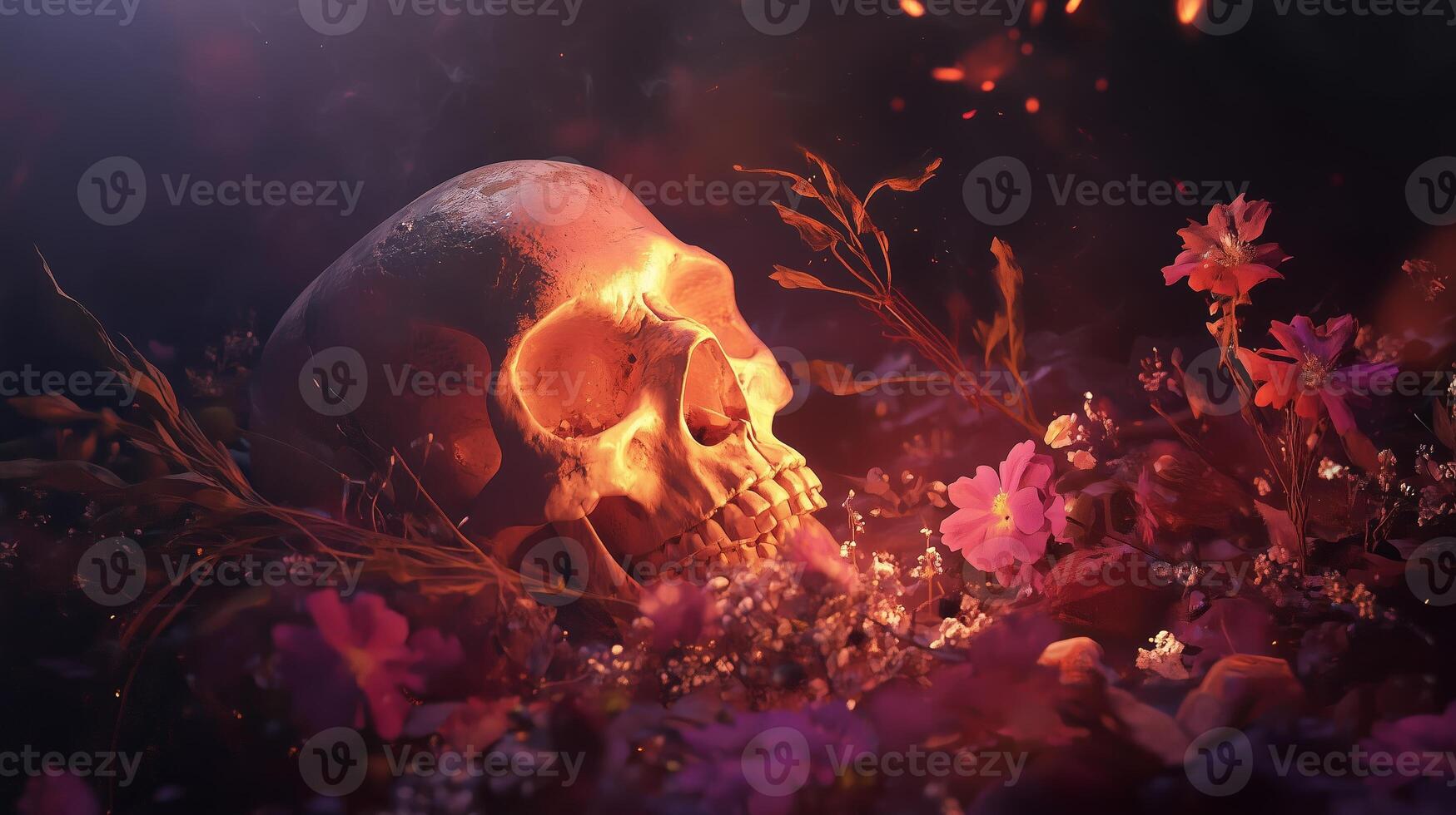 A glowing skull surrounded by vibrant flowers and foliage in a mystical setting, illuminated by soft light photo