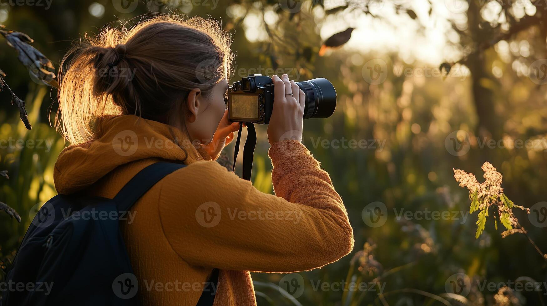 A photographer captures the beauty of nature at sunset in a lush green wilderness area photo