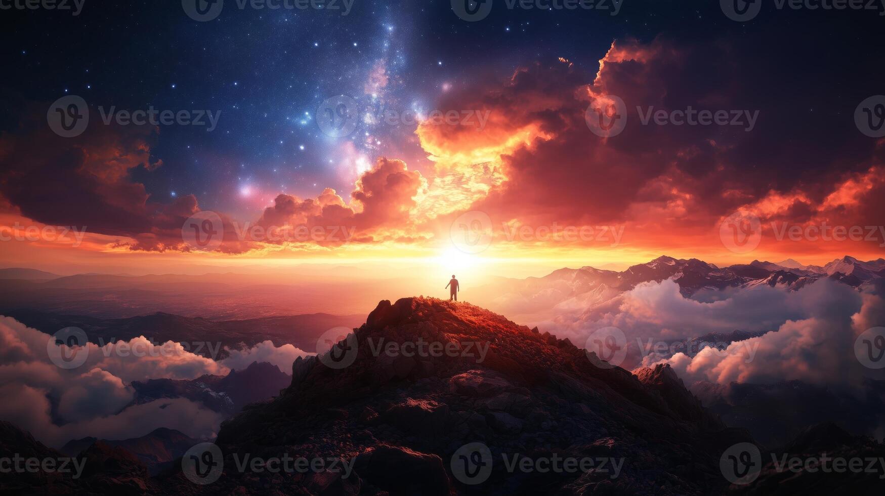 A lone figure stands on a mountain peak at sunset, surrounded by vibrant clouds and a starry sky in the evening photo