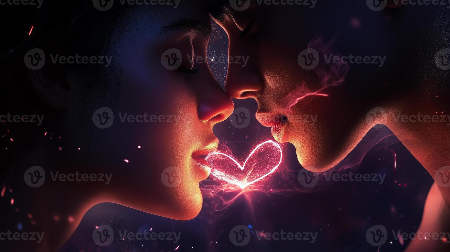 Romantic moment between two individuals creating a glowing heart shape at dusk against a dark background photo