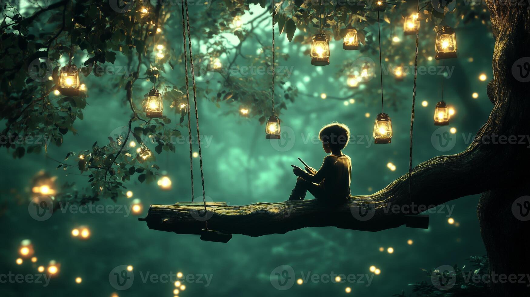 A child reads quietly on a tree branch surrounded by glowing lanterns in a mystical forest at twilight photo