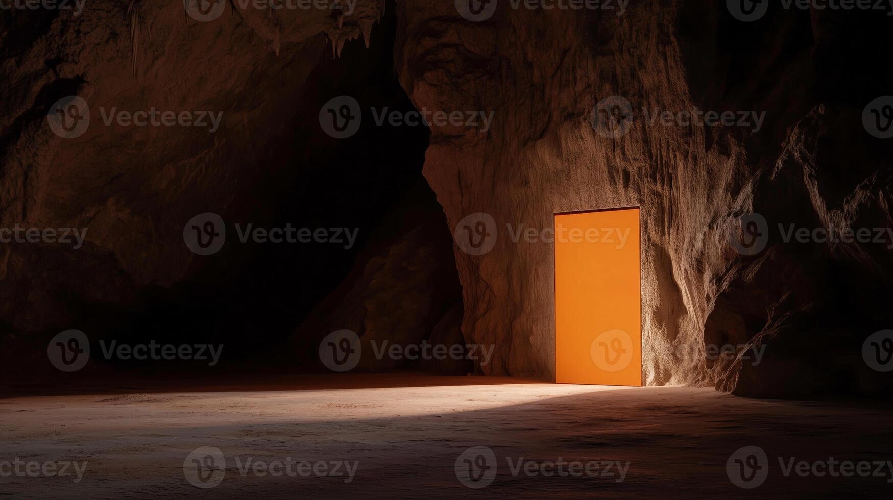 An orange door illuminating a dark cave interior, creating a striking contrast and evoking a sense of curiosity and mystery photo