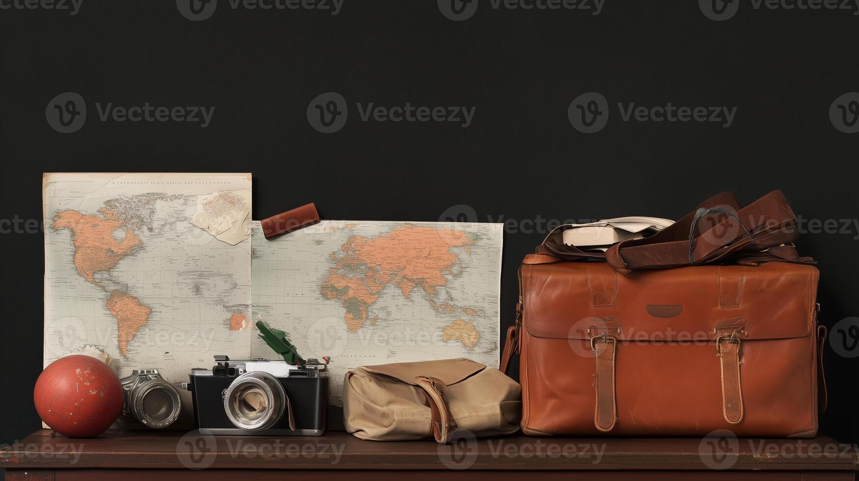 Travel essentials displayed with vintage cameras, a leather bag, and maps on a dark background photo