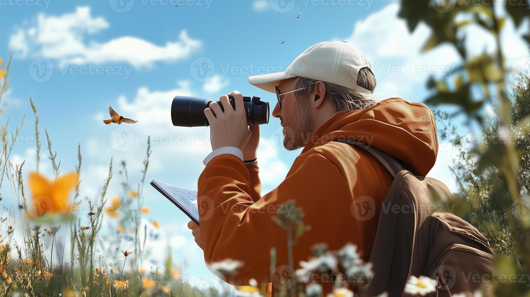 A nature enthusiast documents wildlife while photographing beautiful flowers in a vibrant meadow during a sunny afternoon photo