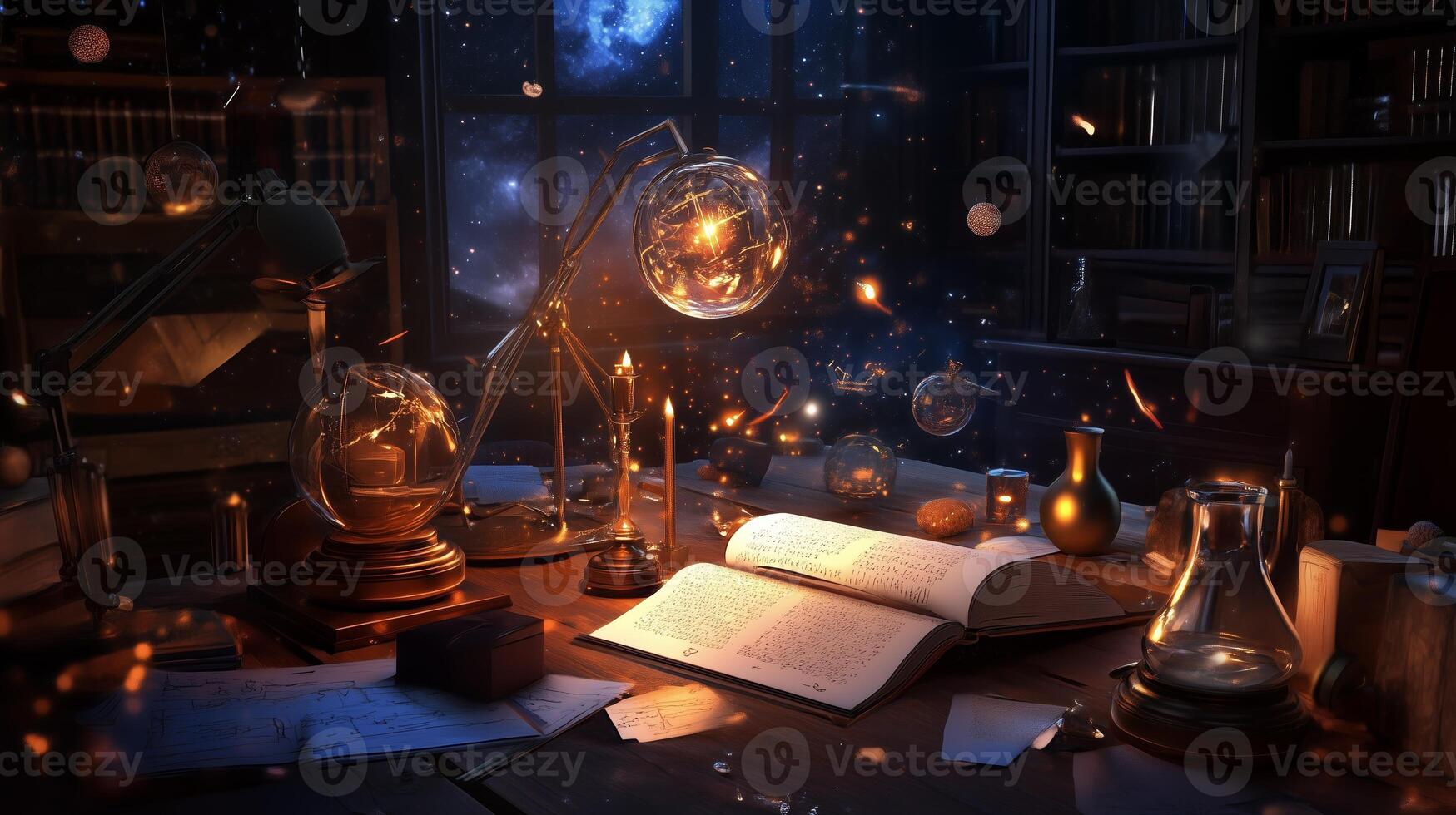 A magical study filled with glowing orbs, books, and laboratory equipment under a starry night sky in a cozy, mysterious setting photo