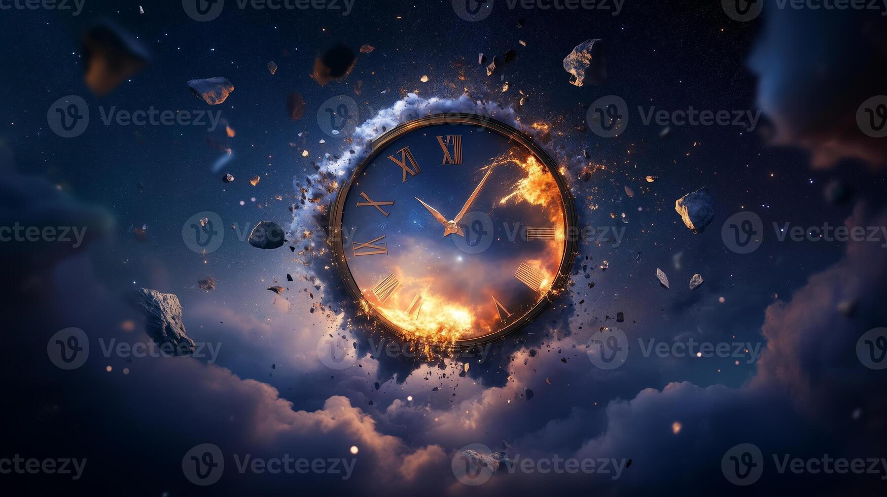 A fantastical clock surrounded by exploding rocks and clouds depicts the passage of time and cosmic elements at twilight photo